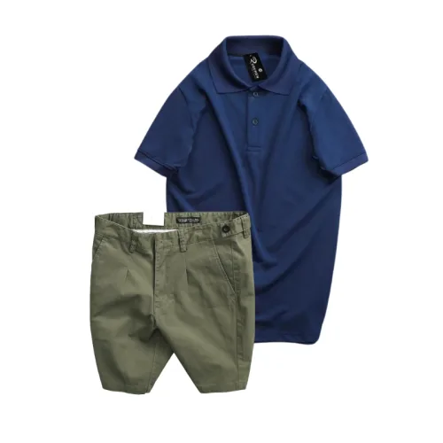 Set nam áo polo cổ bẻ trơn và quần short kaki phối nút, size 36