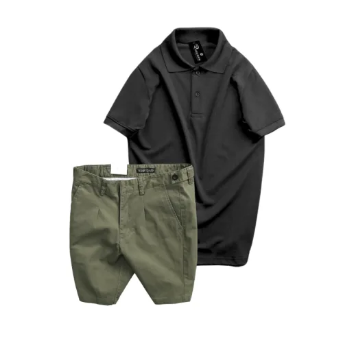Set nam áo polo cổ bẻ trơn và quần short kaki phối nút, size 36