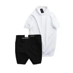 Set nam áo polo cổ bẻ trơn và quần short kaki phối nút, size 36
