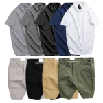 Set nam áo polo cổ bẻ trơn và quần short kaki phối nút, size 36