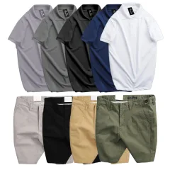 Set nam áo polo cổ bẻ trơn và quần short kaki phối nút, size 36