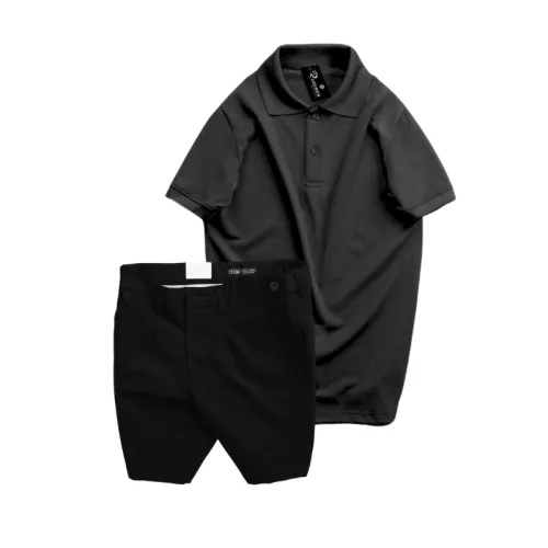 Set nam áo polo cổ bẻ trơn và quần short kaki phối nút, size 36