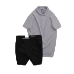 Set nam áo polo cổ bẻ trơn và quần short kaki phối nút, size 36