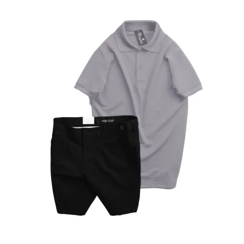 Set nam áo polo cổ bẻ trơn và quần short kaki phối nút, size 36
