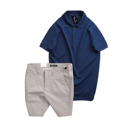 Set nam áo polo cổ bẻ trơn và quần short kaki phối nút, size 36