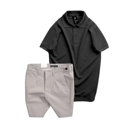 Set nam áo polo cổ bẻ trơn và quần short kaki phối nút, size 36