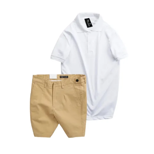 Set nam áo polo cổ bẻ trơn và quần short kaki phối nút, size 36