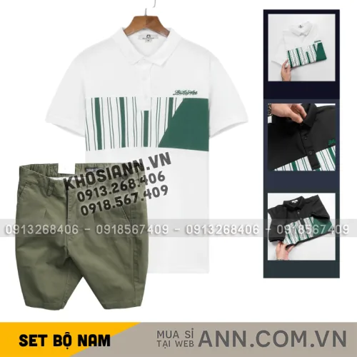 Nguồn hàng sỉ set Bộ Nam - Áo Thun Nam Polo Cổ Bẻ Phối Họa Tiết Sọc Ngang Cá Sấu Poly - Quần Short Kaki Co Giãn Phối Nút Cao Cấp (Có Size 36)