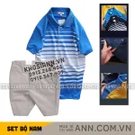 Bộ nam áo thun polo cổ bẻ phối sọc trắng và quần short kaki co giãn phối nút (có size 36)