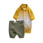 Bộ nam áo thun polo cổ bẻ phối sọc trắng và quần short kaki co giãn phối nút (có size 36)