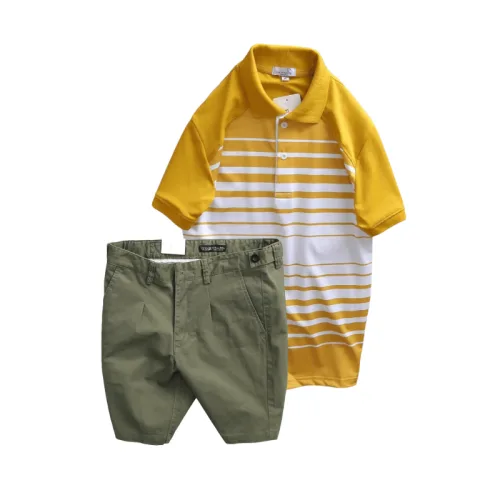 Bộ nam áo thun polo cổ bẻ phối sọc trắng và quần short kaki co giãn phối nút (có size 36)