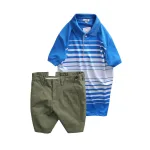 Bộ nam áo thun polo cổ bẻ phối sọc trắng và quần short kaki co giãn phối nút (có size 36)