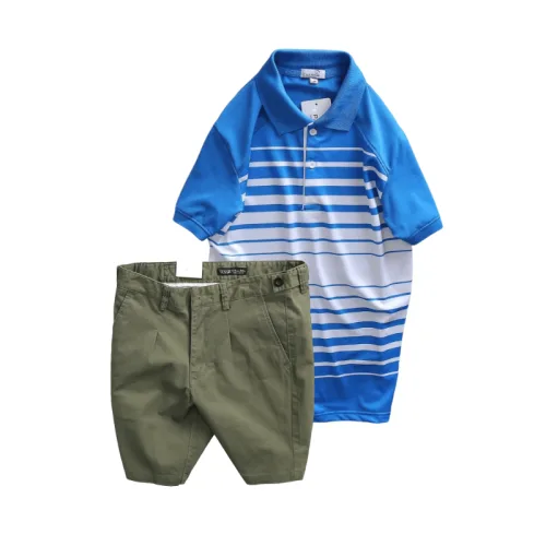 Bộ nam áo thun polo cổ bẻ phối sọc trắng và quần short kaki co giãn phối nút (có size 36)