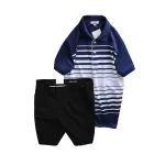 Bộ nam áo thun polo cổ bẻ phối sọc trắng và quần short kaki co giãn phối nút (có size 36)