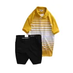 Bộ nam áo thun polo cổ bẻ phối sọc trắng và quần short kaki co giãn phối nút (có size 36)