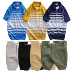 Bộ nam áo thun polo cổ bẻ phối sọc trắng và quần short kaki co giãn phối nút (có size 36)