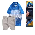 Bộ nam áo thun polo cổ bẻ phối sọc trắng và quần short kaki co giãn phối nút (có size 36)