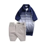 Bộ nam áo thun polo cổ bẻ phối sọc trắng và quần short kaki co giãn phối nút (có size 36)