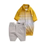 Bộ nam áo thun polo cổ bẻ phối sọc trắng và quần short kaki co giãn phối nút (có size 36)