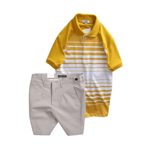 Bộ nam áo thun polo cổ bẻ phối sọc trắng và quần short kaki co giãn phối nút (có size 36)