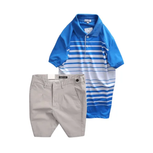 Bộ nam áo thun polo cổ bẻ phối sọc trắng và quần short kaki co giãn phối nút (có size 36)