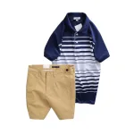 Bộ nam áo thun polo cổ bẻ phối sọc trắng và quần short kaki co giãn phối nút (có size 36)