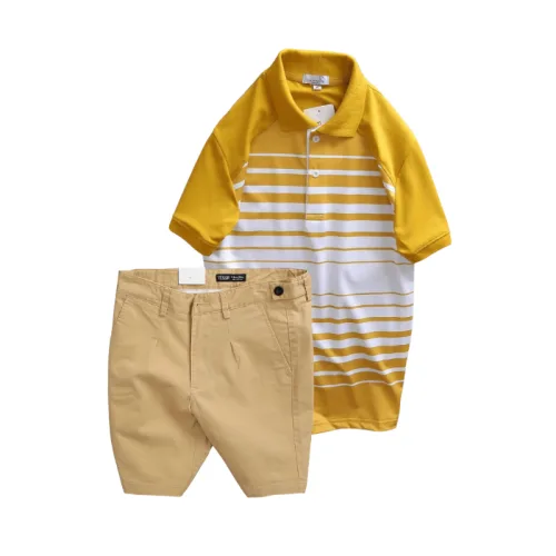 Bộ nam áo thun polo cổ bẻ phối sọc trắng và quần short kaki co giãn phối nút (có size 36)