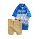 Bộ nam áo thun polo cổ bẻ phối sọc trắng và quần short kaki co giãn phối nút (có size 36)