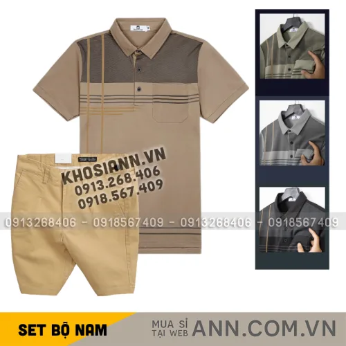 Bộ nam cao cấp áo thun polo cổ bẻ sọc nhuyễn phối túi và quần short kaki co giãn phối nút (có size 36)
