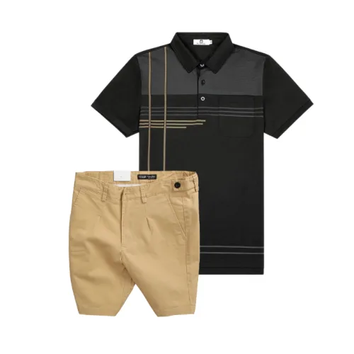 Bộ nam cao cấp áo thun polo cổ bẻ sọc nhuyễn phối túi và quần short kaki co giãn phối nút (có size 36)