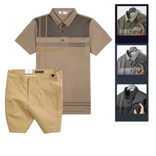 Khám phá Set Bộ Nam - Áo Thun Nam Polo Cổ Bẻ Sọc Nhuyễn Phối Túi Và Quần Short Kaki Co Giãn Phối Nút Cao Cấp (Có Size 36) thuộc nhóm quần short kaki nam