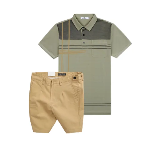 Bộ nam cao cấp áo thun polo cổ bẻ sọc nhuyễn phối túi và quần short kaki co giãn phối nút (có size 36)