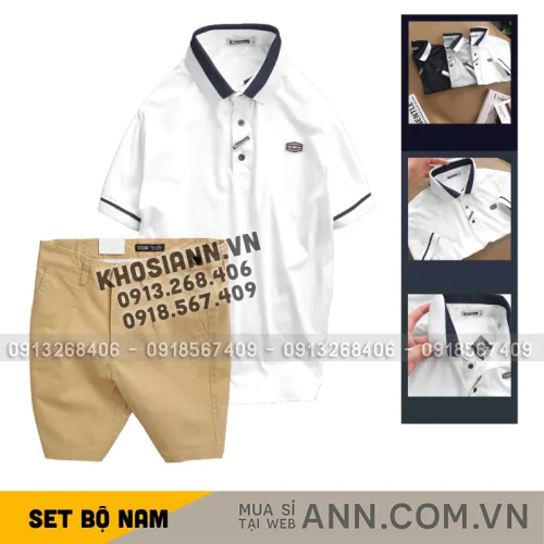 Bộ nam gồm áo thun polo cổ bẻ tay ngắn viền bo và quần short kaki co giãn phối nút cao cấp (có size 36)