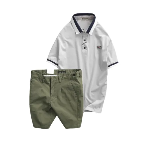 Bộ nam gồm áo thun polo cổ bẻ tay ngắn viền bo và quần short kaki co giãn phối nút cao cấp (có size 36)