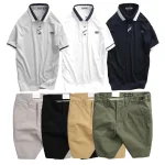 Bộ nam gồm áo thun polo cổ bẻ tay ngắn viền bo và quần short kaki co giãn phối nút cao cấp (có size 36)