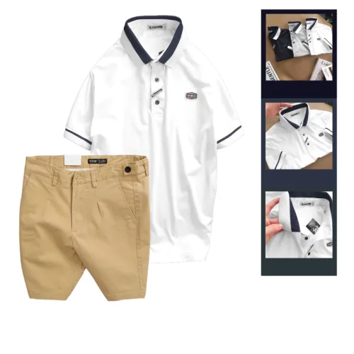 Bộ nam gồm áo thun polo cổ bẻ tay ngắn viền bo và quần short kaki co giãn phối nút cao cấp (có size 36)
