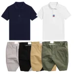 Bộ Nam Polo Cổ Bẻ Thêu 3 Sọc Đỏ Xanh, Short Kaki Co Giãn Phối Nút Size 36