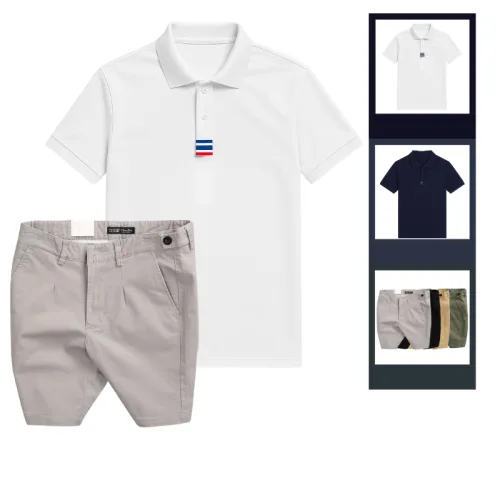 Bộ Nam Polo Cổ Bẻ Thêu 3 Sọc Đỏ Xanh, Short Kaki Co Giãn Phối Nút Size 36