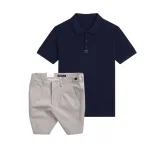 Bộ Nam Polo Cổ Bẻ Thêu 3 Sọc Đỏ Xanh, Short Kaki Co Giãn Phối Nút Size 36