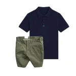 Bộ Nam Polo Cổ Bẻ Thêu 3 Sọc Đỏ Xanh, Short Kaki Co Giãn Phối Nút Size 36