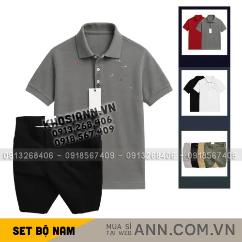 Bộ nam áo polo cổ bẻ thêu cá mập trước ngực cùng quần short kaki co giãn size 36