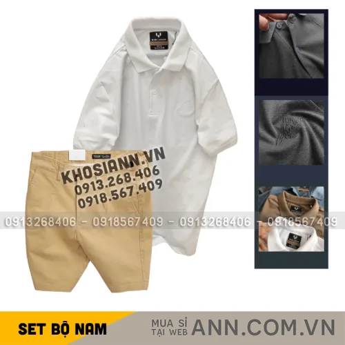 Nguồn hàng sỉ set Bộ Nam - Áo Thun Nam Polo Cổ Bẻ Thêu Chữ Trước Ngực Cao Cấp Và Quần Short Kaki Co Giãn Phối Nút Cao Cấp (Có Size 36)