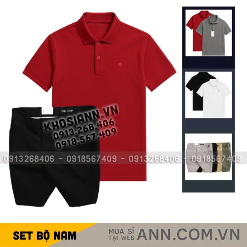 Shop sỉ set Bộ Nam - Áo Thun Nam Polo Cổ Bẻ Thêu Logo Chữ R Trước Ngực Và Quần Short Kaki Co Giãn Phối Nút Cao Cấp (Có Size 36)
