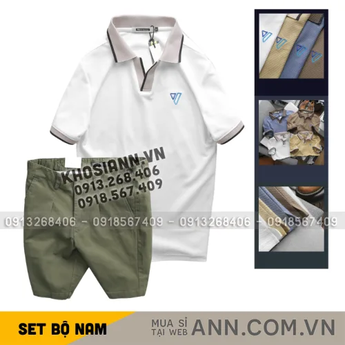 Bộ nam áo polo cổ bẻ logo tam giác và quần short kaki size 36
