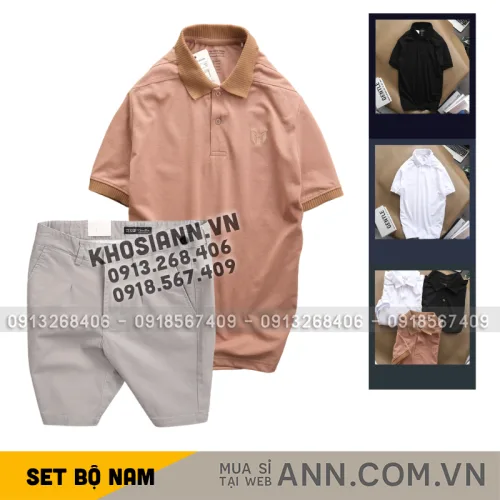 Bộ nam gồm áo thun polo cổ bẻ thêu logo trước ngực và quần short kaki co giãn phối nút cao cấp (có size 36)