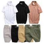 Bộ nam gồm áo thun polo cổ bẻ thêu logo trước ngực và quần short kaki co giãn phối nút cao cấp (có size 36)