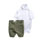 Bộ nam gồm áo thun polo cổ bẻ thêu logo trước ngực và quần short kaki co giãn phối nút cao cấp (có size 36)