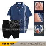 Bộ nam gồm áo polo cá sấu poly phối sọc và short kaki phối nút (có size 36)