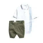 Bộ nam gồm áo polo cá sấu poly phối sọc và short kaki phối nút (có size 36)