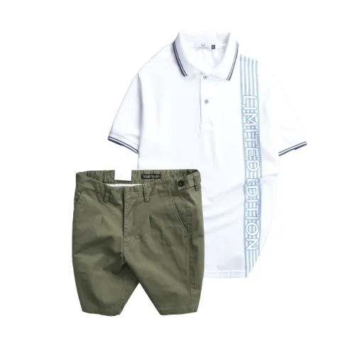 Bộ nam gồm áo polo cá sấu poly phối sọc và short kaki phối nút (có size 36)